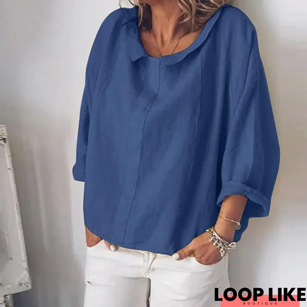 Women Long Sleeve Cotton Linen Casual Lapel Neck Tops Solid Blouse Tops Linen