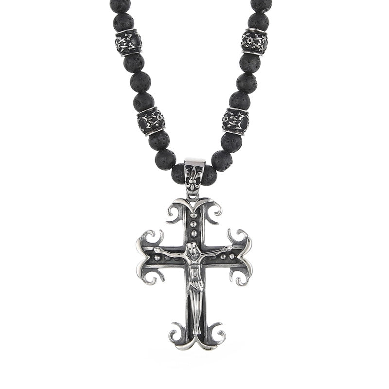 Hip-hop Punk Cross Volcanic Rock Titanium Steel Beaded Unisex Pendant Necklace