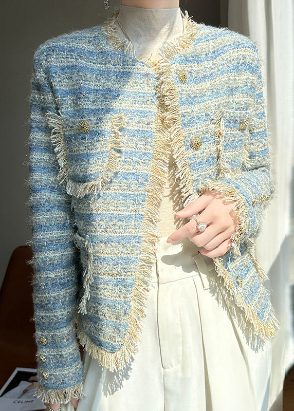 VCSHOES Blue Striped Patchwork Button Coat Fall