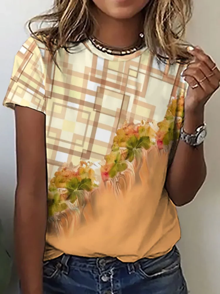 Printed Short Sleeve Casual T-shirt for  Women and Men Unisex Pattern Yellow,Plaid,Floral