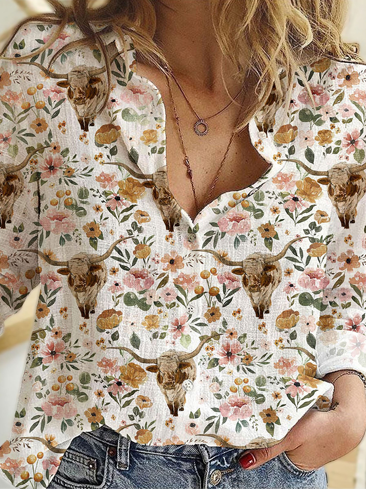 Comstylish Vintage Blossom Floral TEXAS Longhorn Cattle Casual Shirt