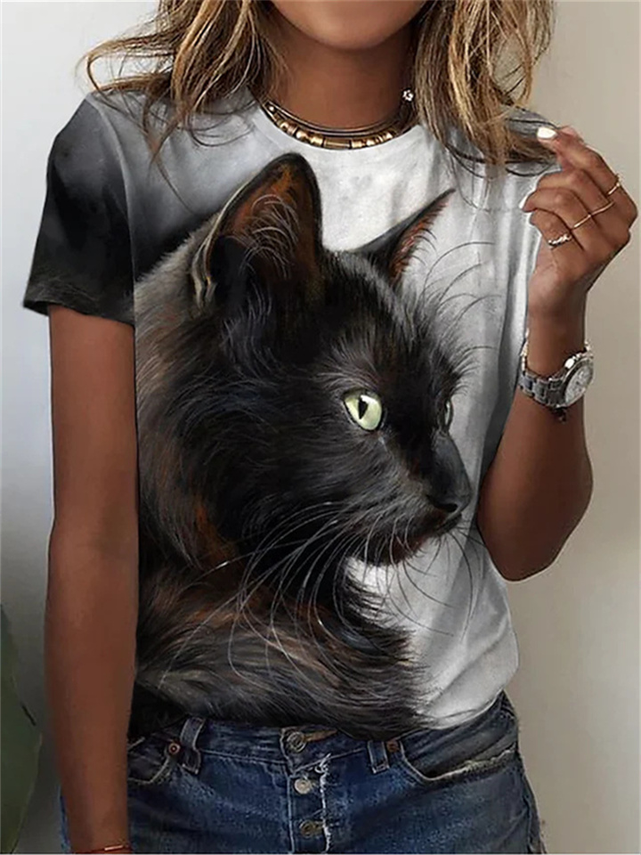 Black Cat T-shirt Orange Short-sleeved Cat Design Print Women's Summer Tops