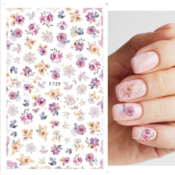 Nail Stickers Back Glue Colorful Flowers Green Leaves Designs Nail Decal Decoration For Nail Tips Beauty-Nail Inspo