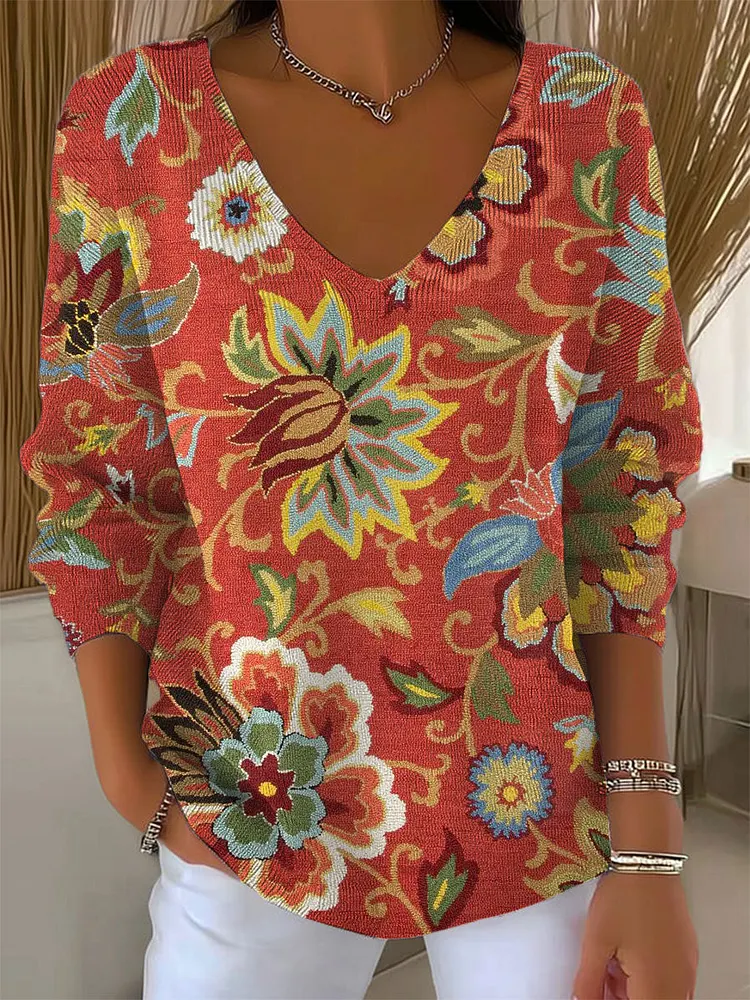 Women's Vintage Flower Art Print Casual Pullover Sweater