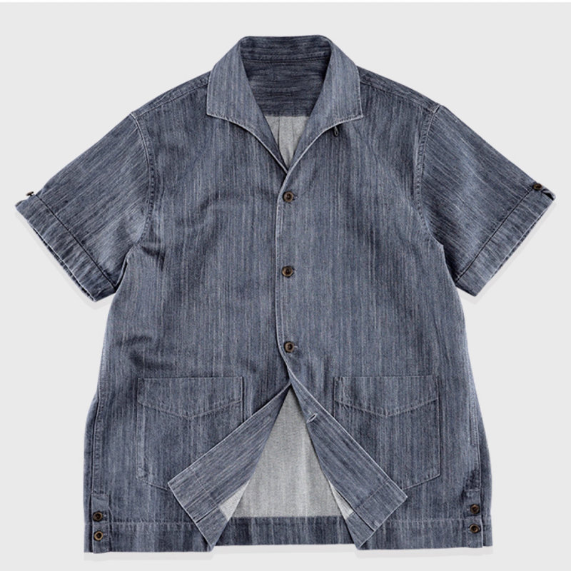 Men's Vintage Cuban Collar Denim Short Sleeve Work Shirt