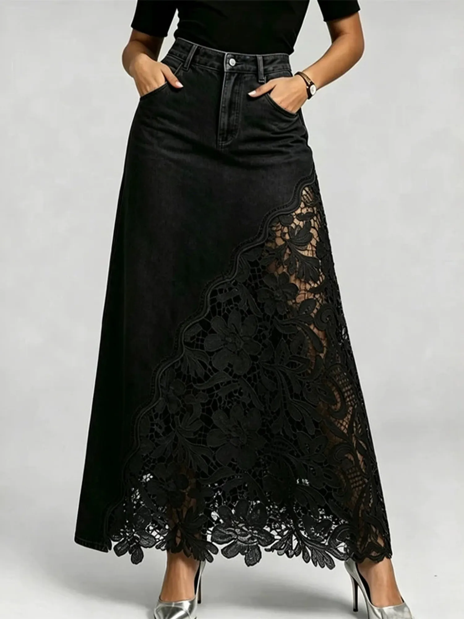 Everyday Outfit &mdash; Asymmetrical Lace Trim Slim Fit Denim Skirt