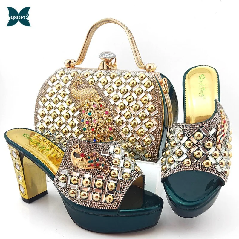Pretty Italian Women Shoes and Bag Set with Shinning Crystal 2021 Summer High Quality Afrian Lady Shoes and Bag Set for Party