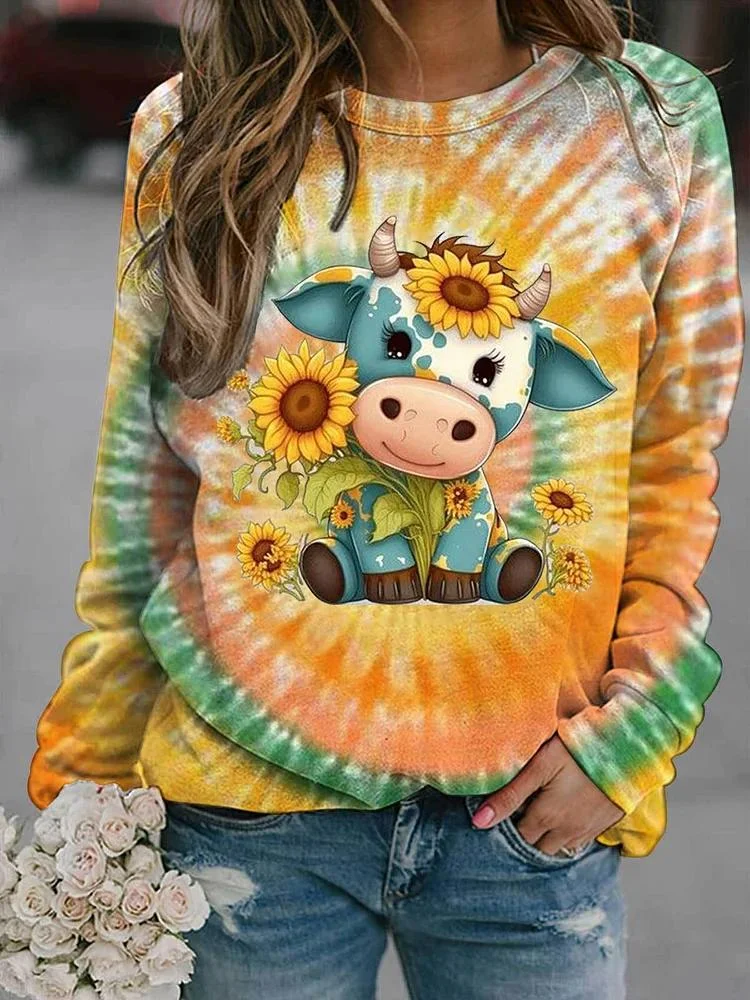 Cute Sunflower Cow Art Print Pattern Casual Sweatshirt socialshop