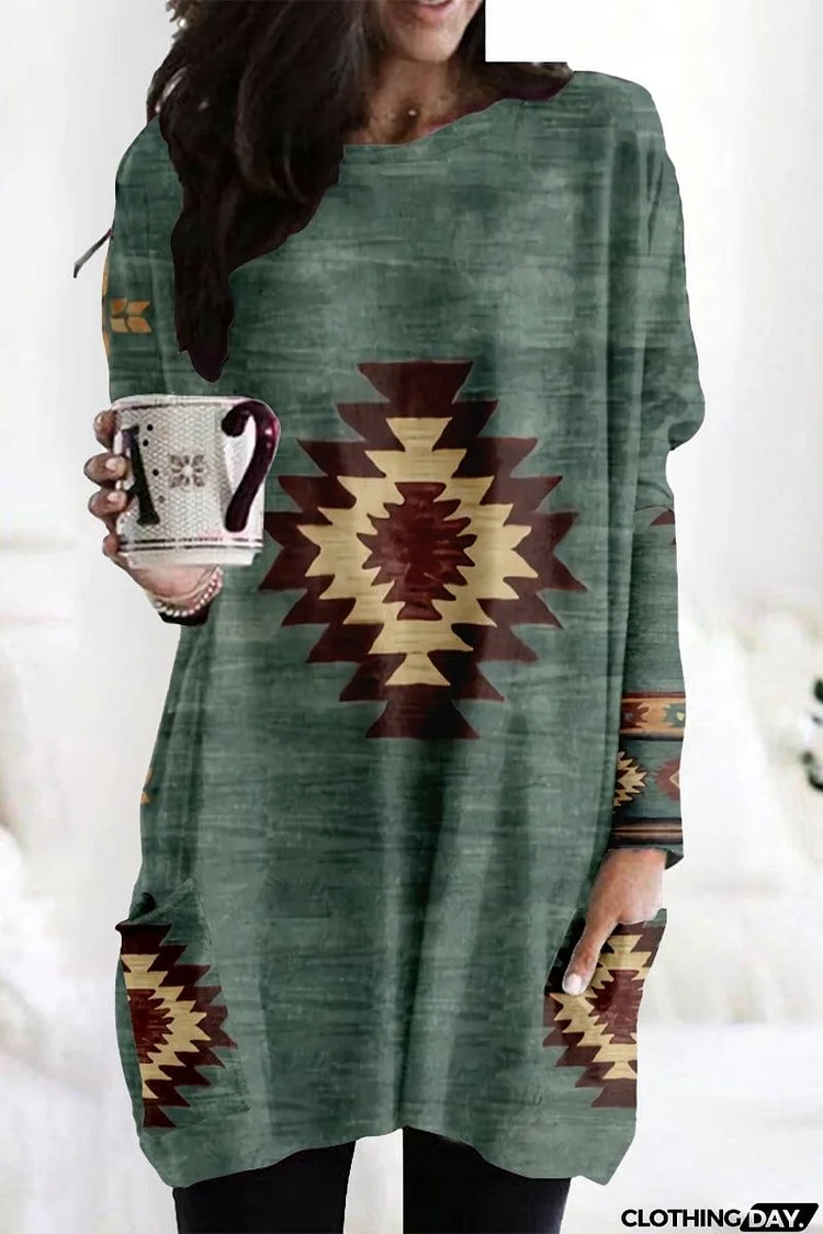 Casual Vintage Geometric Print Patchwork Pocket V Neck Tops