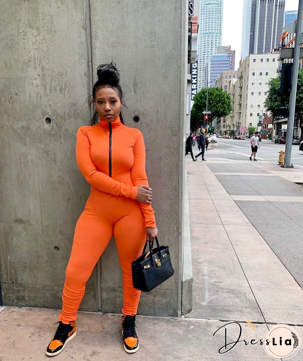 Zipper Half High Collar Pleated Bodycon Jumpsuit