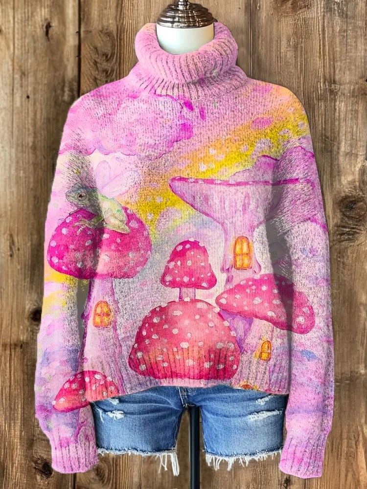 Women's Hippie Watercolor Art Mushroom Frog Print High Neck Knit Sweatshirt