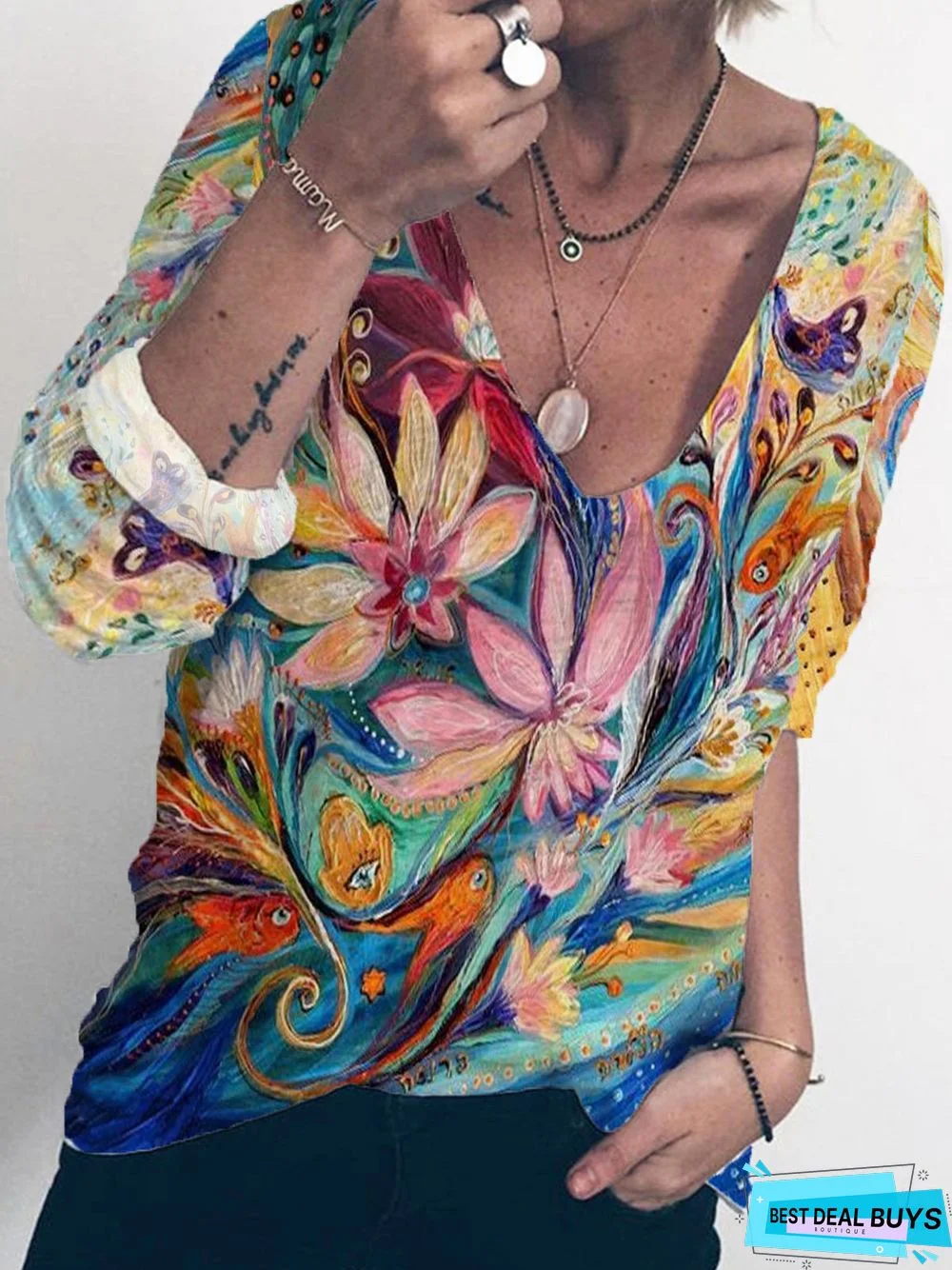 Floral Printed Casual V Neck Long Sleeve Shift Top