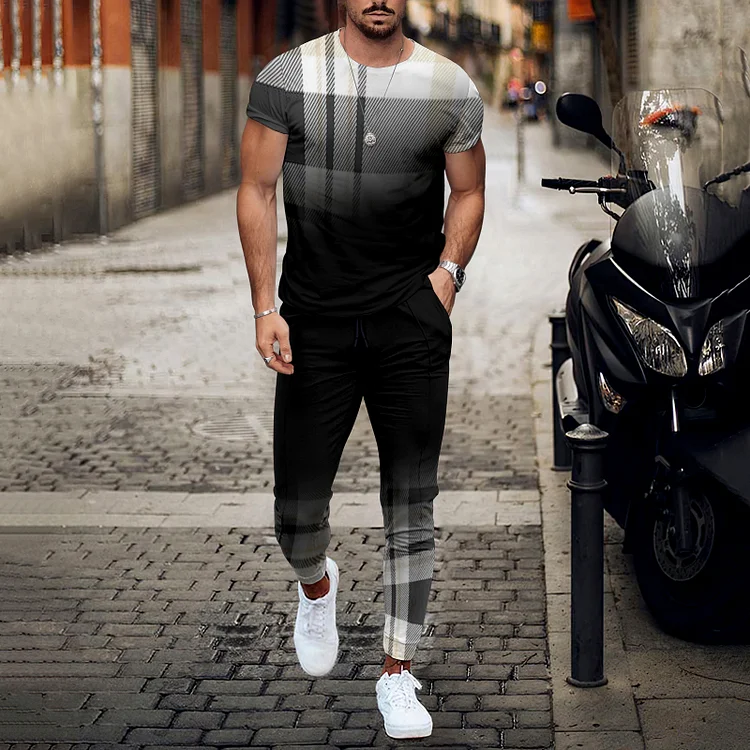 BrosWear Fashion Black Gradient Plaid Short Sleeve T-Shirt And Pants Co-Ord