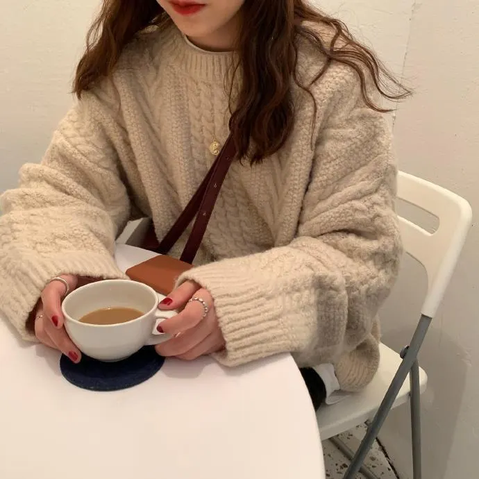 Churchf Churchf Thick Twist Pure Color Loose Sweater Female Autumn Dong New Round Collar Lazy Wind Sweater Jacket