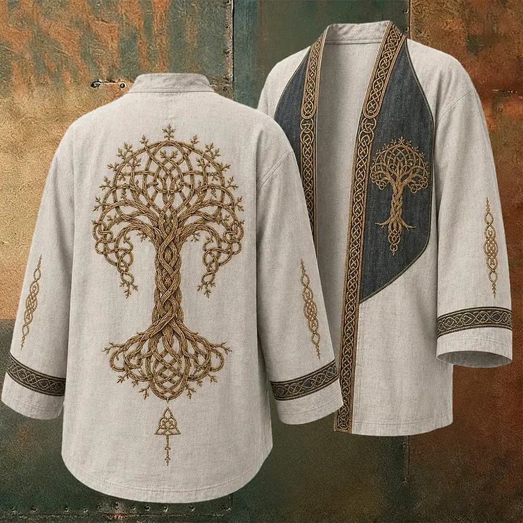 Men's Retro Viking Tree Of Life Patchwork Pattern Casual Cardigan