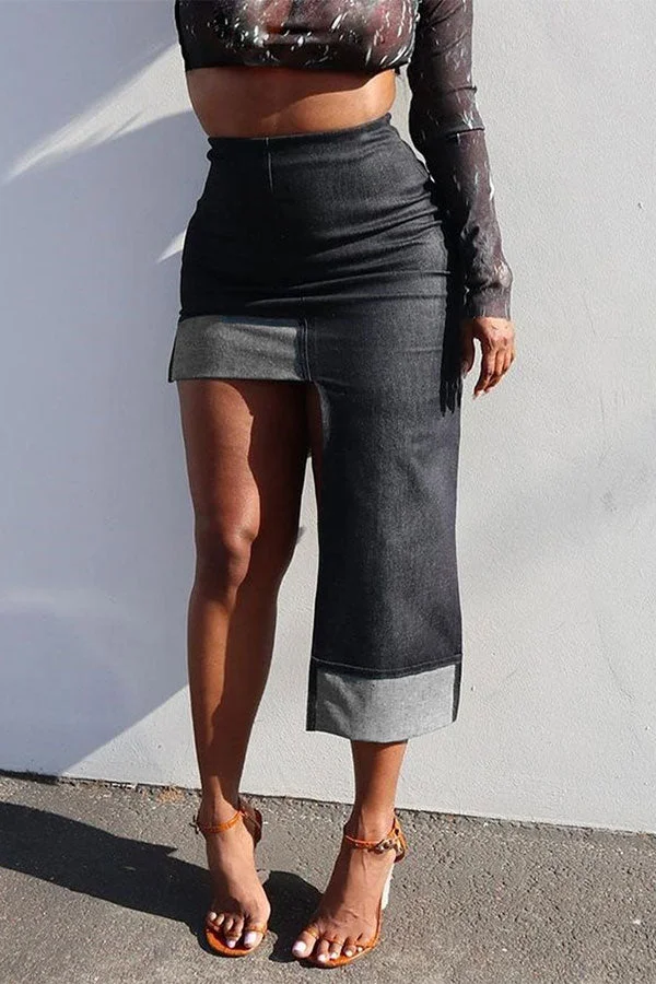 Hit Color Unique Irregular Denim Skirt