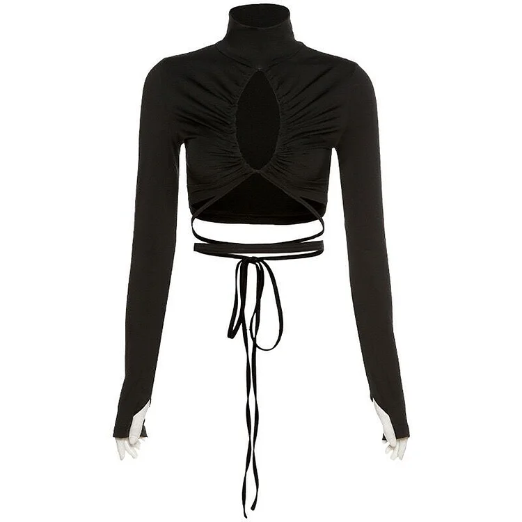 High Neck Long Sleeve Fashion Belly Top