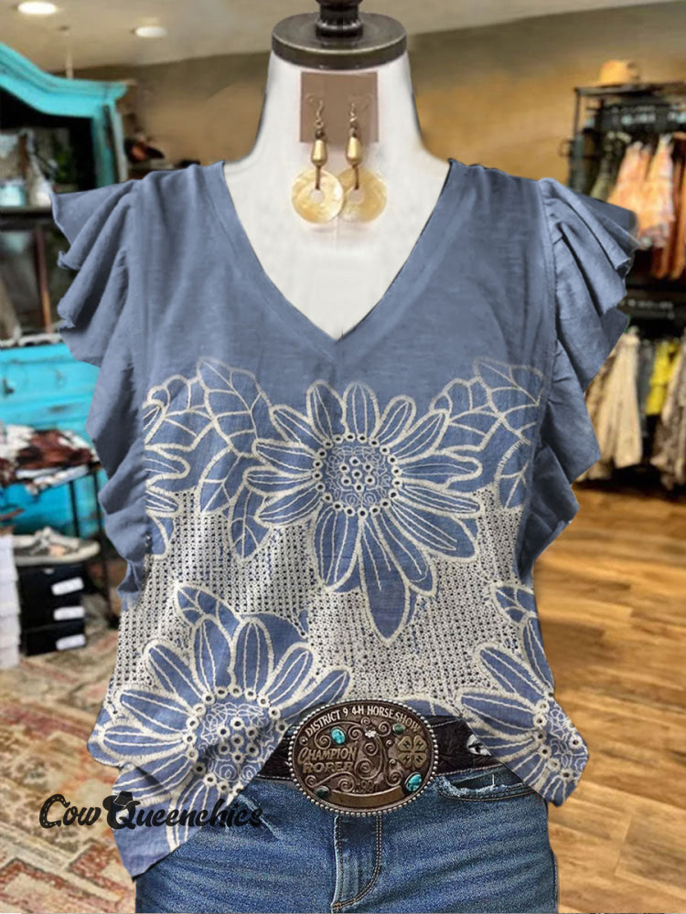 Floral Print V-neck Casual T-shirt Multicolor / S