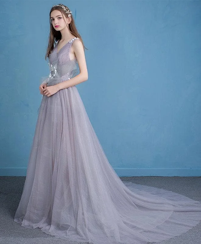 Unique V Neck Tulle Long Prom Dress, Tulle Evening Dresses