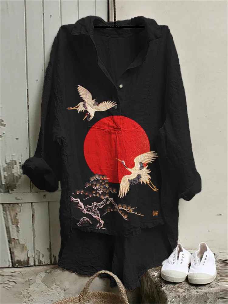 Cranes & Pine Trees Sunrise Japanese Art High Low Tunic