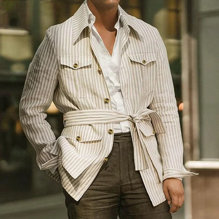 Men's Casual Striped Multi Pocket Long Sleeve Thin Shirt 36967615M