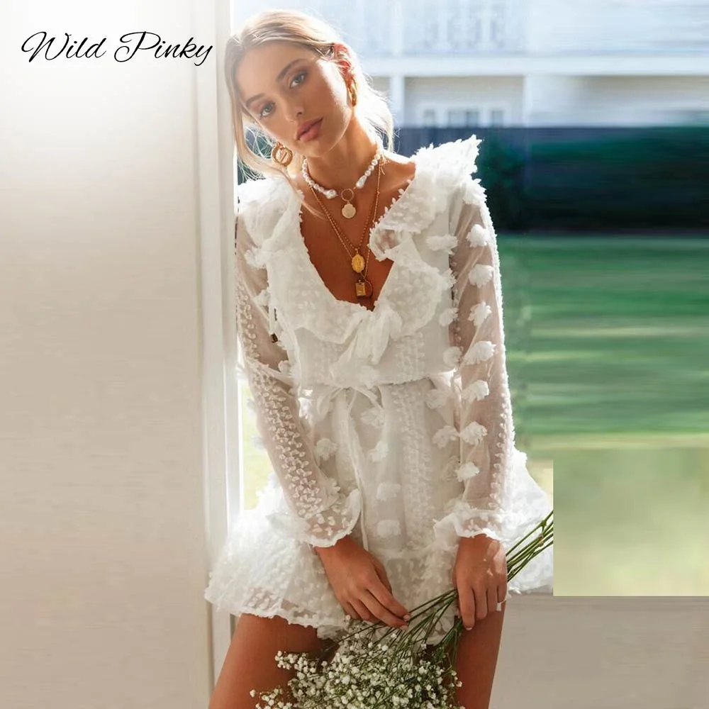 WildPinky Vintage Sexy White Lace Short Dress Women Long Sleeve Dresses Floral Flower Female Luxury Party Mini Dress Vestidos
