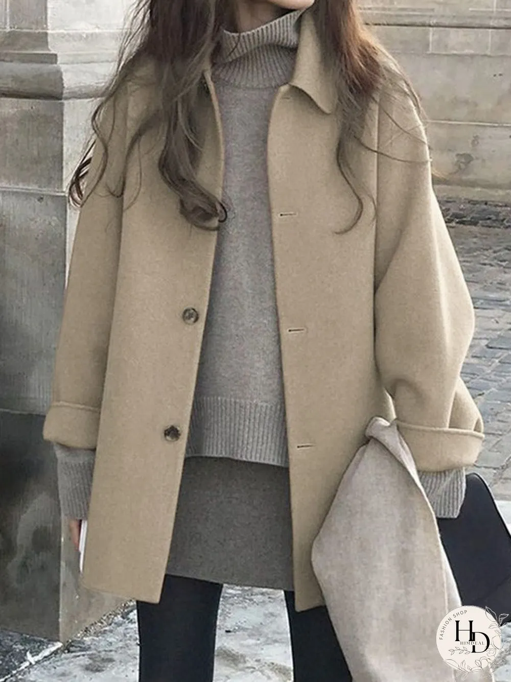 Button Front Wool Blend Long Coat