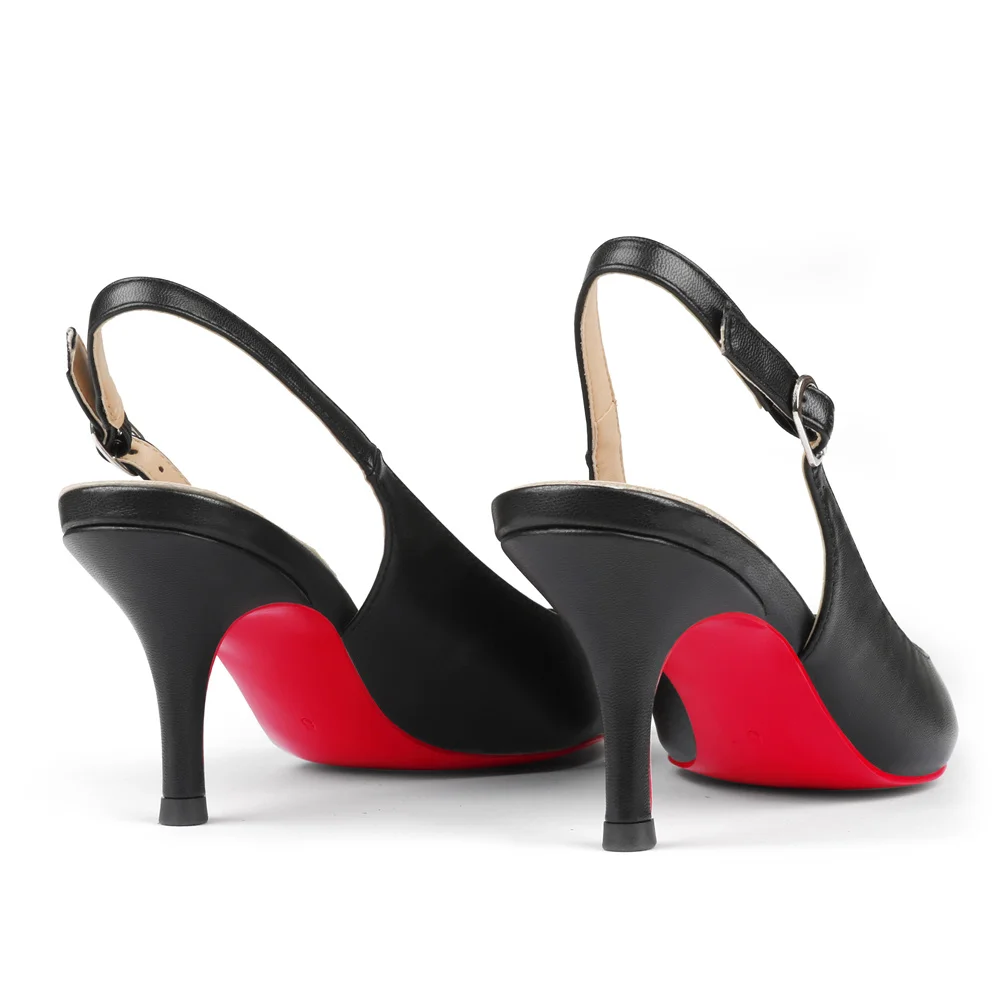 2.36" Women's Pointed Toe Red Bottom Sandals Slingback Shoes Kitten Heel Pumps Matte-MERUMOTE