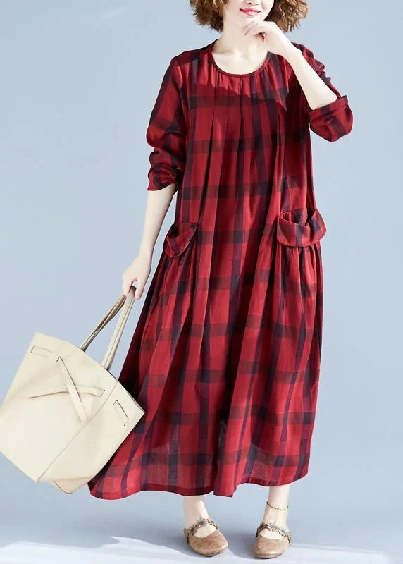 Vivid Red Plaid Tunics For Women O Neck Pockets Art Spring Dress