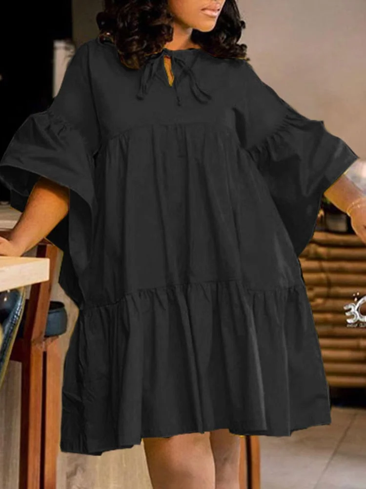 Summer Mini Dress 2022 VONDA Women 3/4 Flare Sleeve Pleated Party Dresses Flare Sleeve Plain Robe Bohemian Casual Beach Sundress