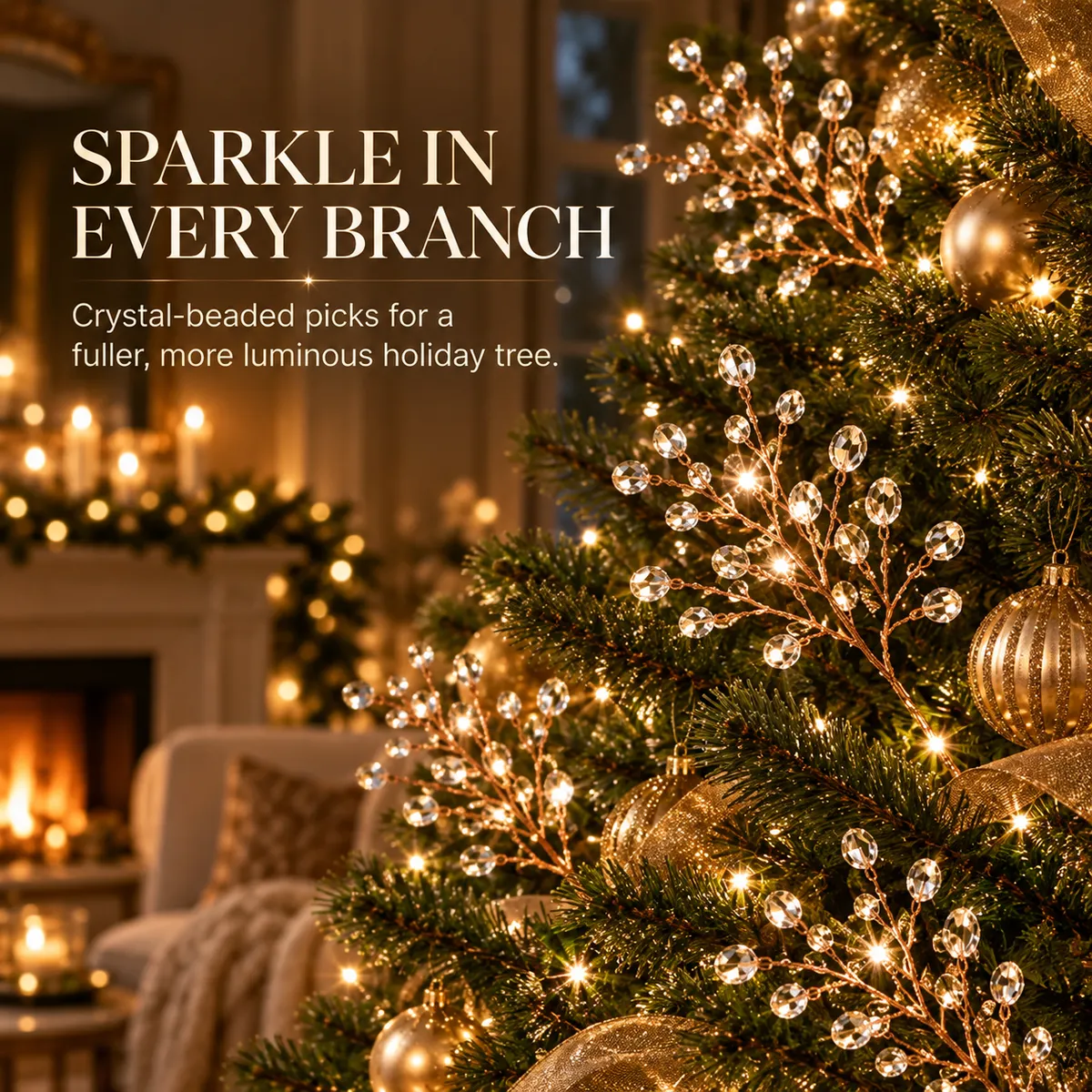 Crystal beaded Christmas tree branch picks sparkling among holiday lights