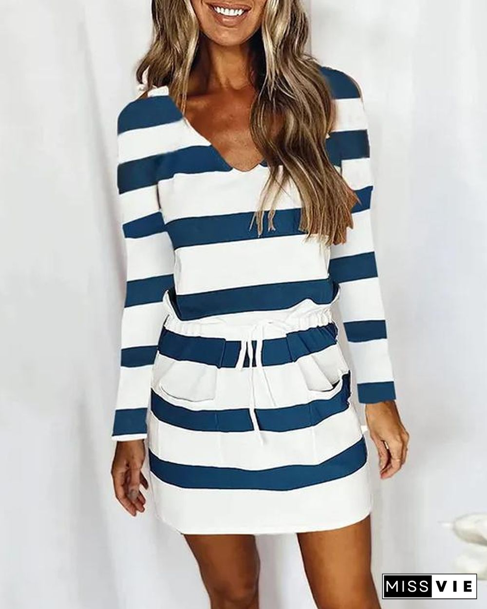 V Neck Drawstring Striped Dress