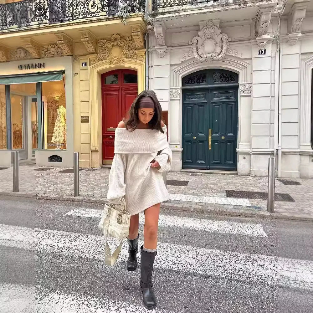 Nigikala Nigikala Women's Clothing New Pure Color Long Sleeve Straight Shoulder Collar Top