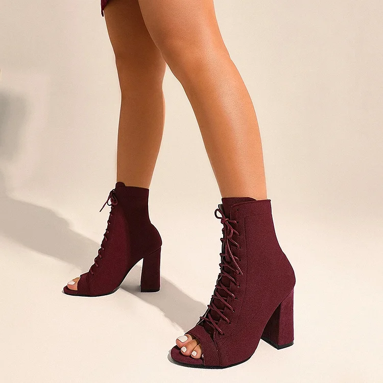 Peep Toe Ankle Boots Lace Up Shoes with Chunky Heels in Burgundy Vdcoo