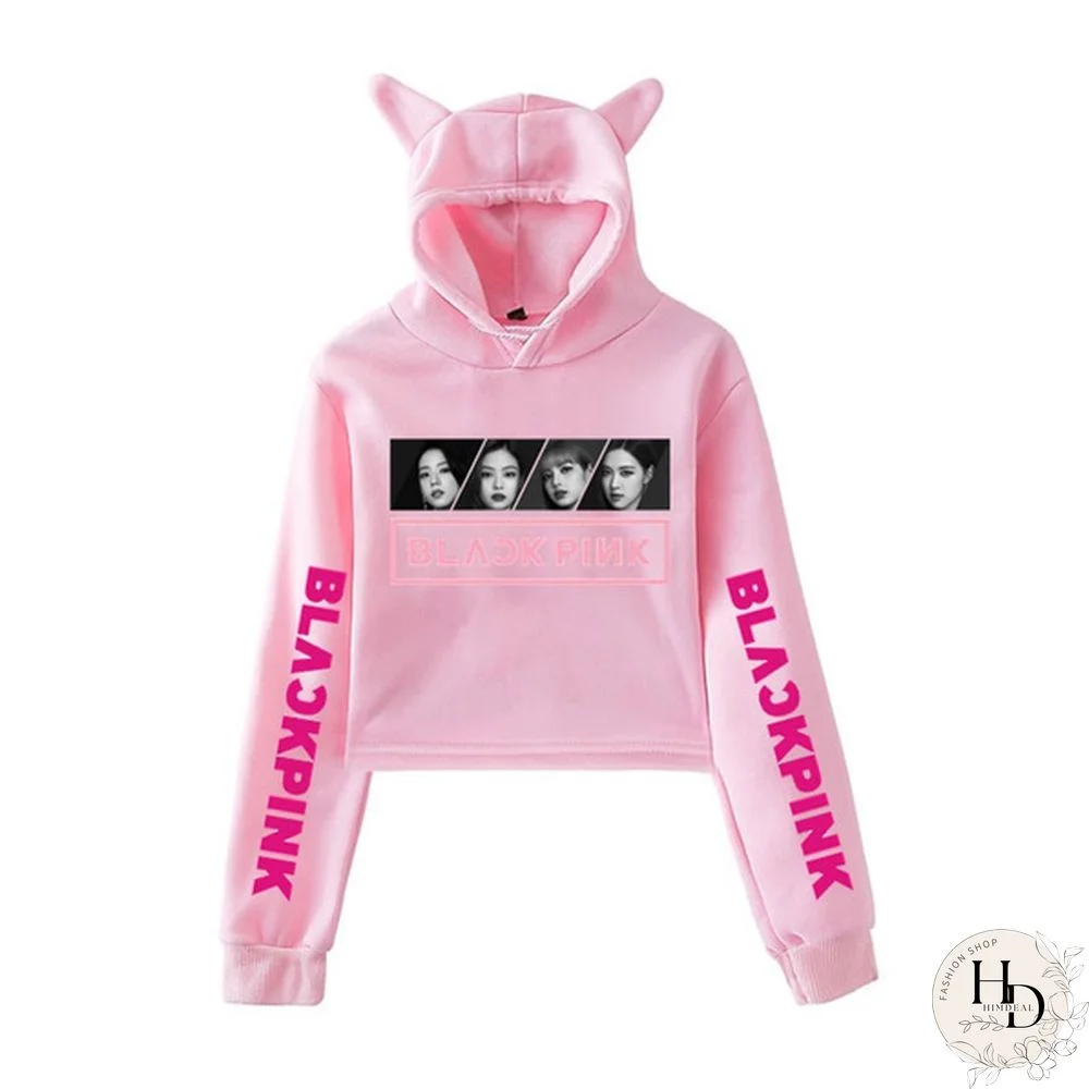Women's Exposed Umbilical Short Sleeve Kpop Blackpink Lisa Jennie Rose Jisoo Print Hoodies Sweatshirt Cat Ear Crop Tops Pullover