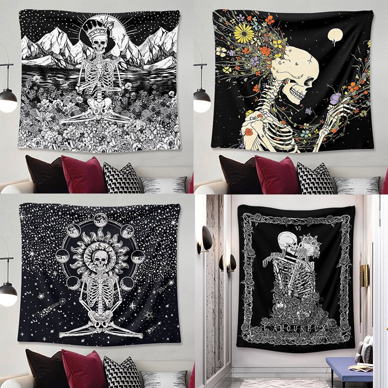 Minnieskull Skeletons Meditating Kissing Funny Printed Polyester Tapestry - Minnieskull