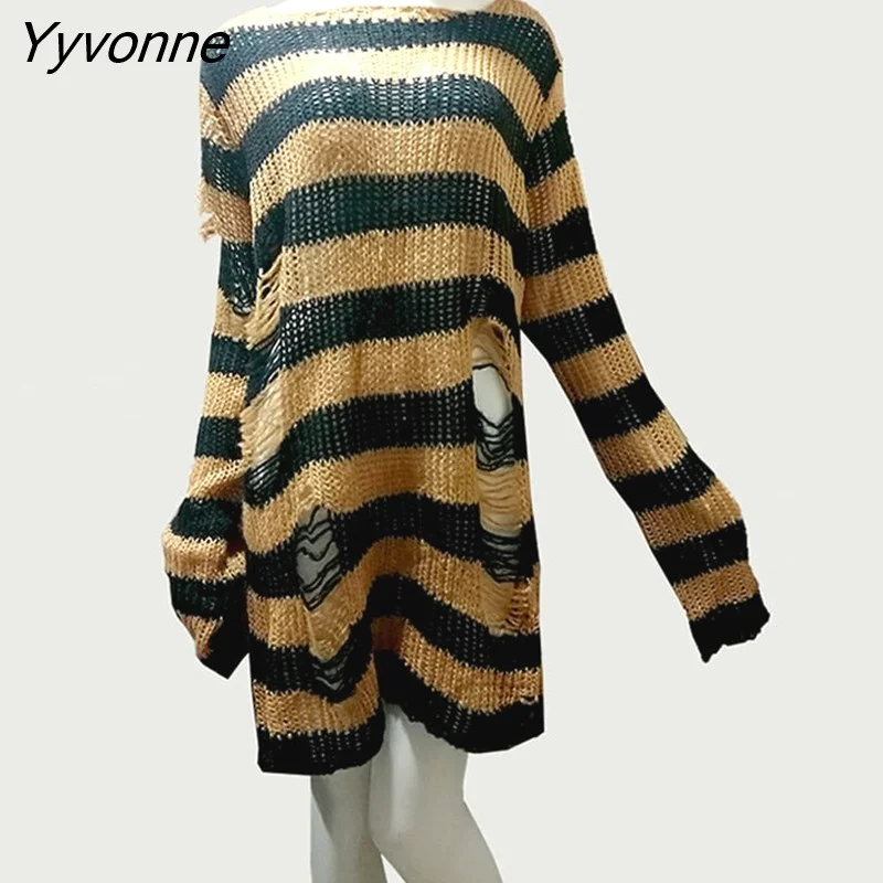Yyvonne Size Punk Gothic Long Unisex Sweater Dress Cool Hollow Out Hole Broken Jumper Loose Rock Thin Sweter 2023 Women Man Striped 305-0