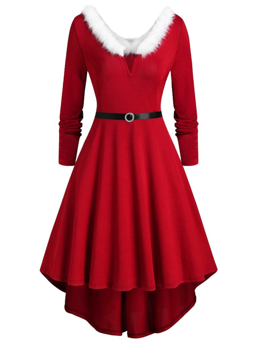 Plus Size Dress Furry Stitching V-neck Long Sleeve Christmas Dress