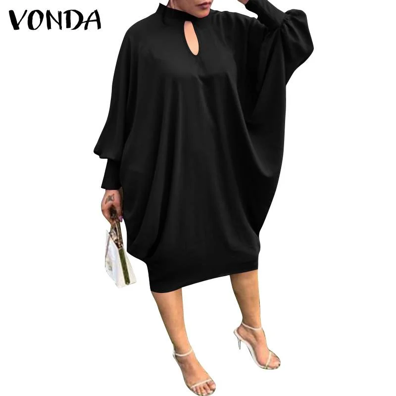 VONDA Women Dress 2022 Summer Spring Long Bat-Sleeve Solid Dresses Elegant Knee-Length Party Robe Ladies Bohemian Party Vestidos