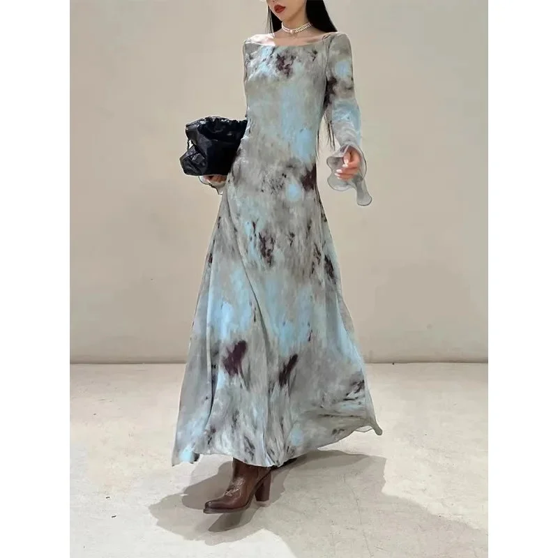 Nncharge Spring Female Vintage Long Sleeve Printtng Midi Dresses Women Elegant Casual Round Neck Beach Style Loose Fit A-Line Dress