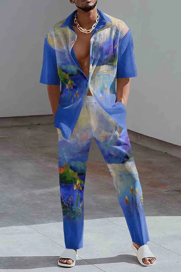 Artistic Landscape Gradient Print Shirts And Pants Two Piece Set