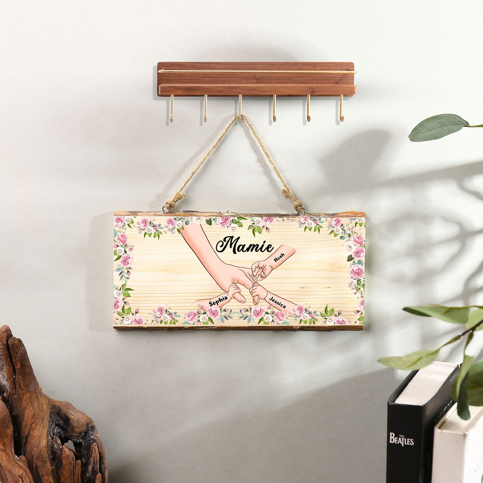 À ma Mamie - Décoration en bois la main dans la main 1-6 Prénoms Personnalisés pour Famille Peinture Décorative