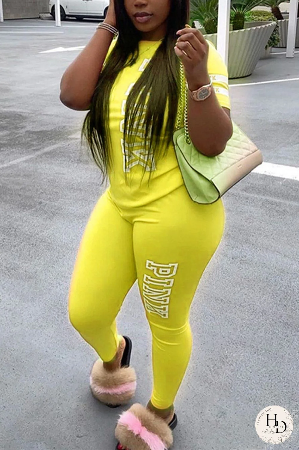 Yellow Fashion Casual Letter Printed Two-piece Set
