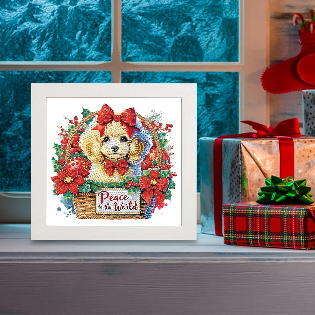 5D DIY Partial Special Shaped Drill Diamond Painting Xmas Poodle 22.8x22.8cm【With Frame】