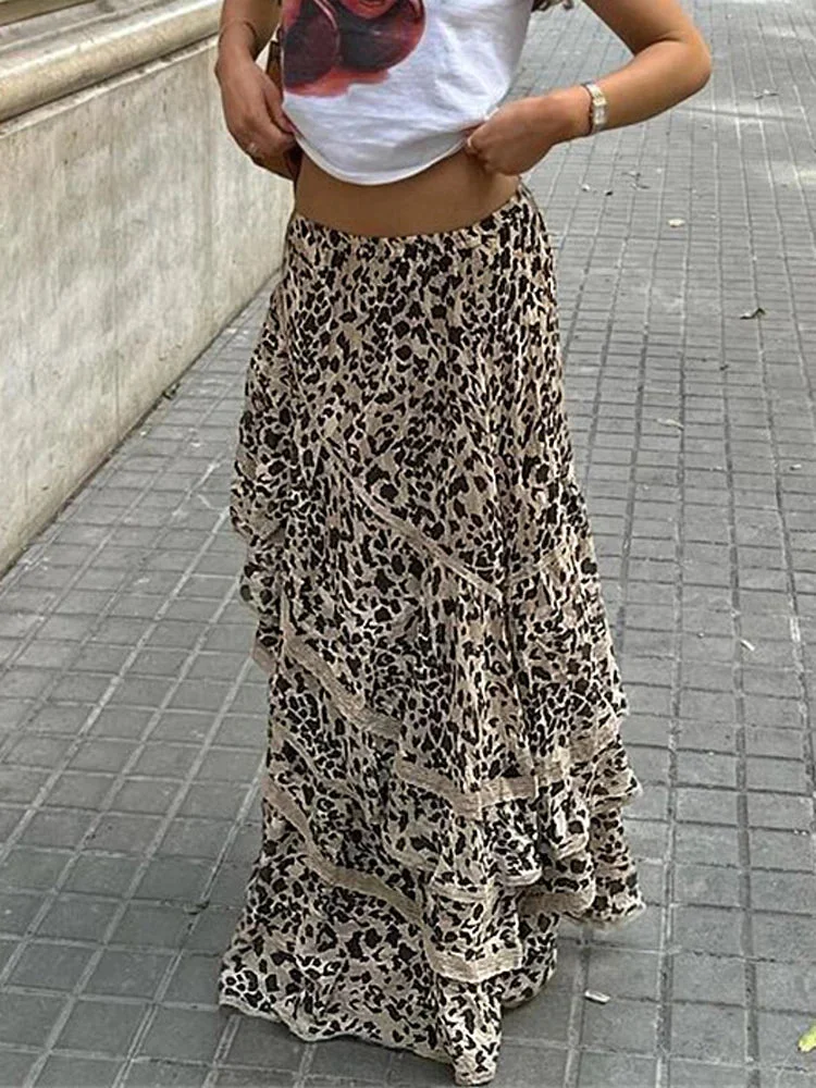 Oocharger Leopard Printed Maxi Skirt Female Ruffled Patchwork Fashion Summer 2024 High Waist Bandage Party Looks Women Long Skirt