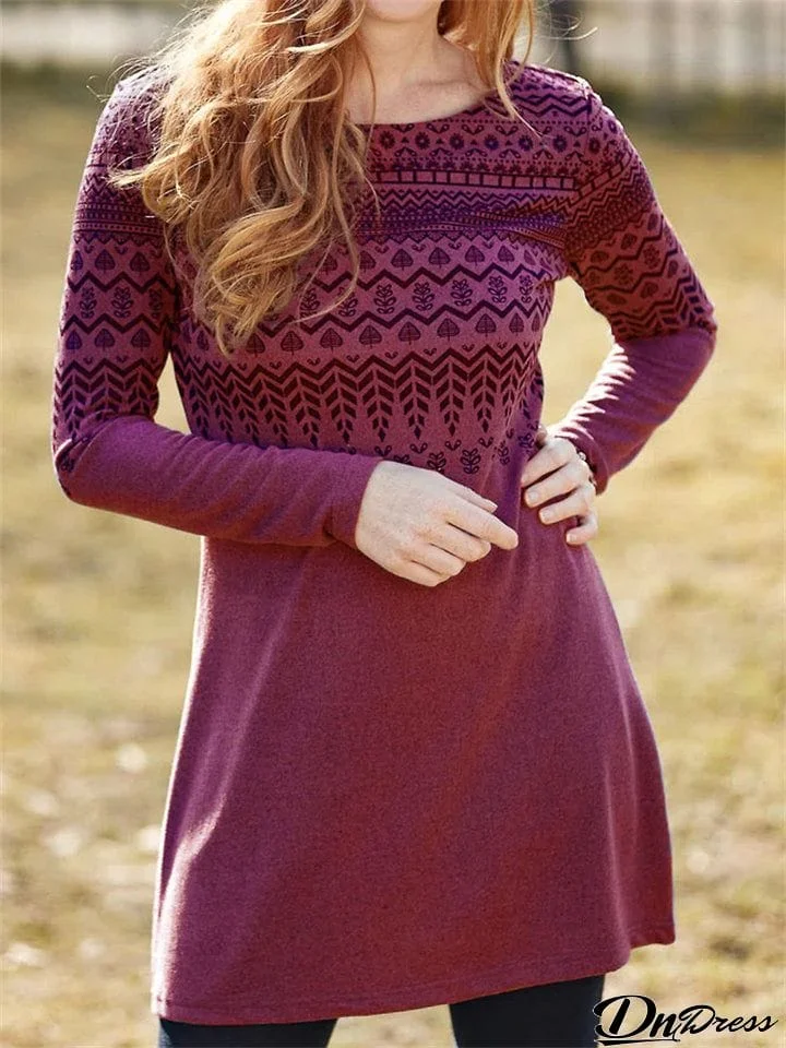 Ethnic Style Printed Long-sleeved Crew Neck Lady Dresses