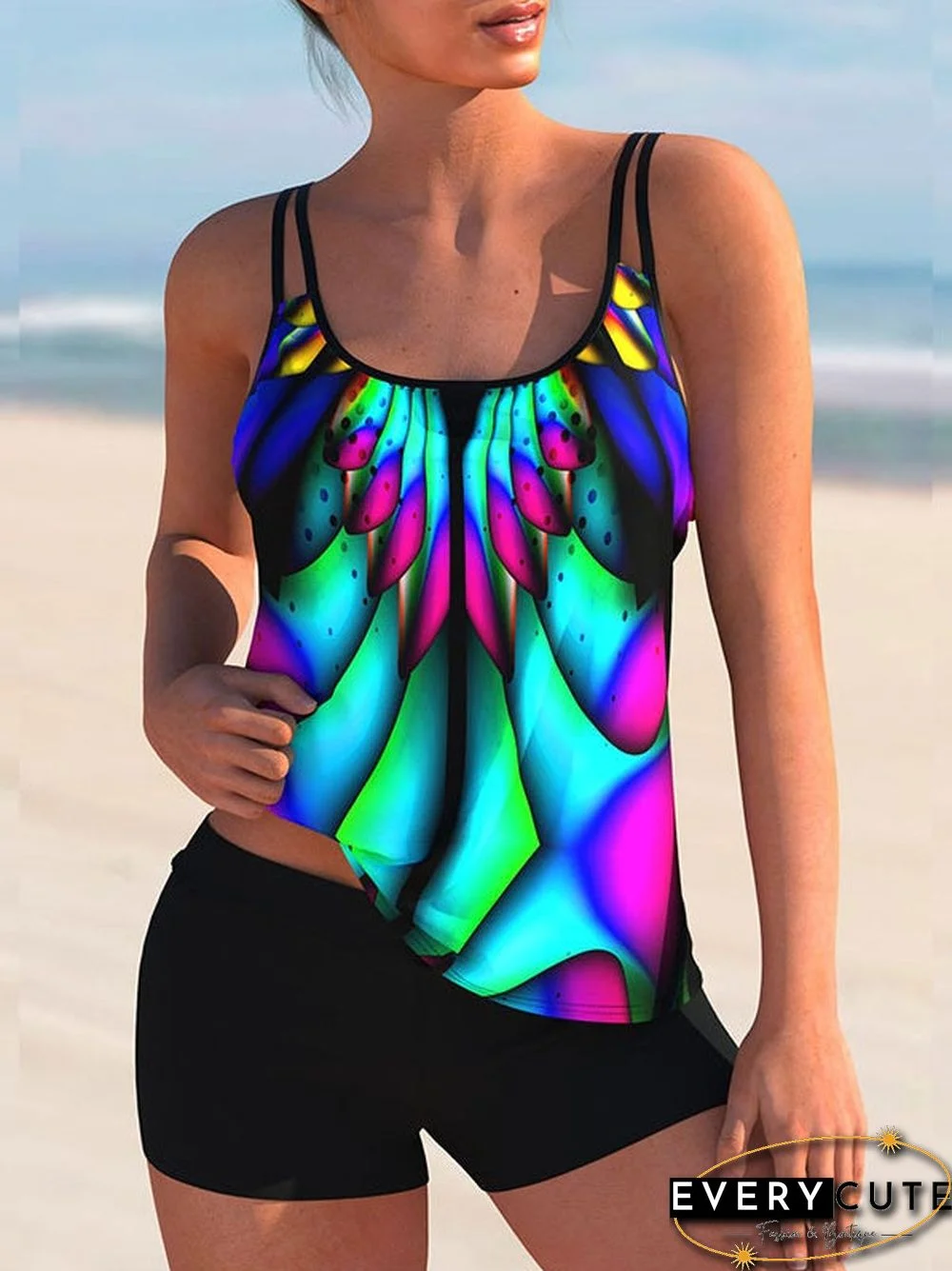 Plus Size Swimwear Sleeveless Colorblock Graphic Printed Tankini