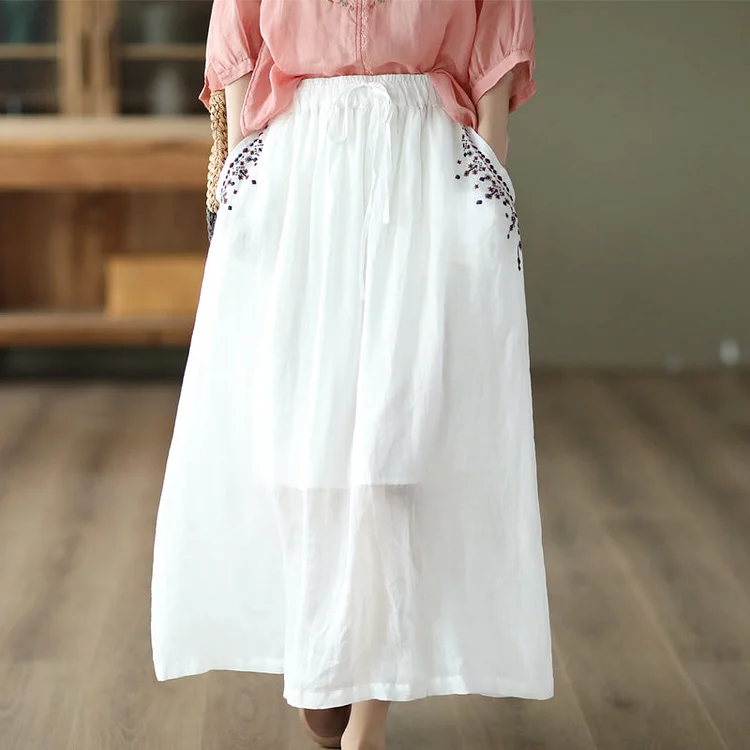 Cozy Vintage Floral Embroidery Thin Linen Skirt