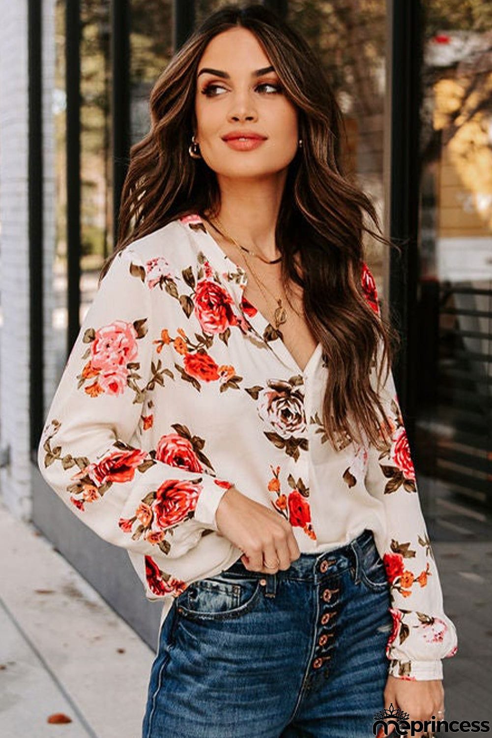 Beige Floral Print V Neck Button Down Blouse