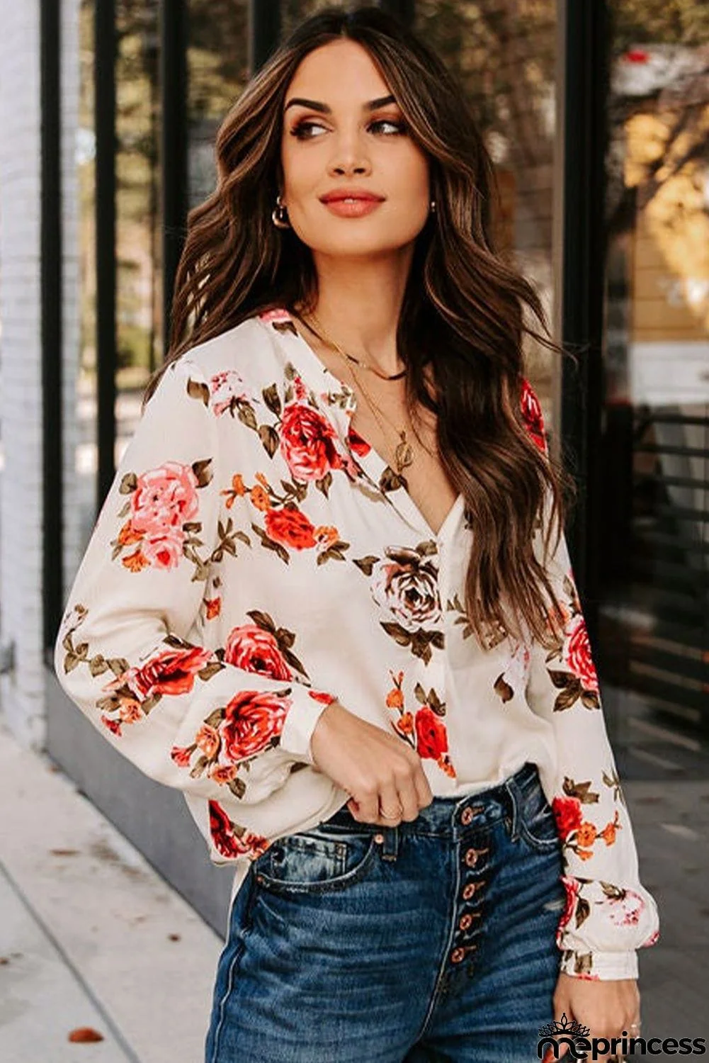 Beige Floral Print V Neck Button Down Blouse